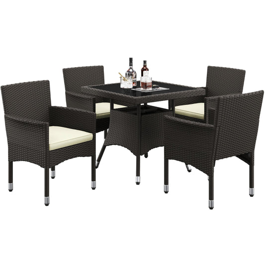 Yaheetech 5-Piece Patio Furniture Set, Outdoor Rattan 4 Dining Chairs & Tempered Glass Table with Umbrella Hole, for Garden Backyard Deck Balcony, Brown/Beige - CookCave