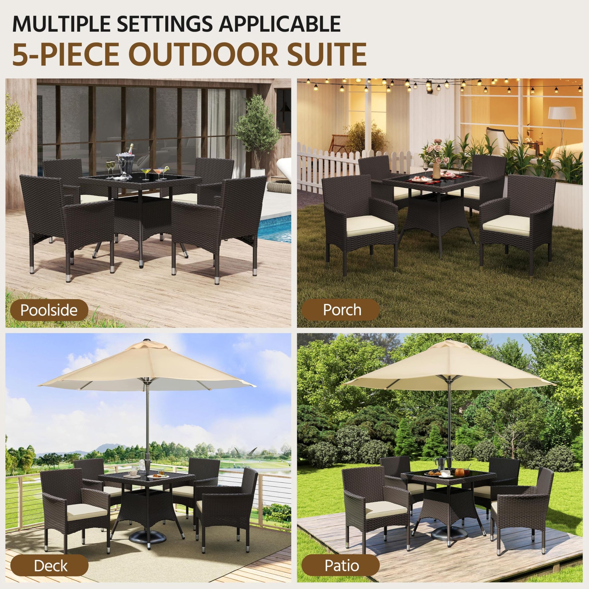 Yaheetech 5-Piece Patio Furniture Set, Outdoor Rattan 4 Dining Chairs & Tempered Glass Table with Umbrella Hole, for Garden Backyard Deck Balcony, Brown/Beige - CookCave