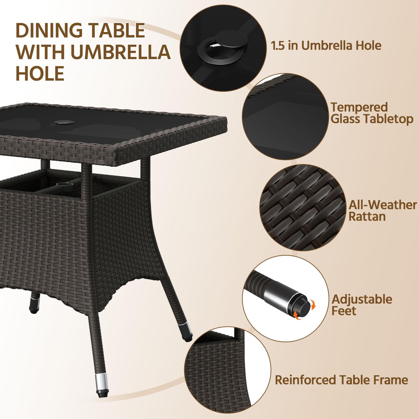 Yaheetech 5-Piece Patio Furniture Set, Outdoor Rattan 4 Dining Chairs & Tempered Glass Table with Umbrella Hole, for Garden Backyard Deck Balcony, Brown/Beige - CookCave