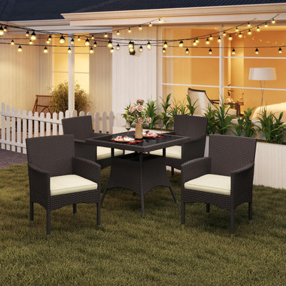 Yaheetech 5-Piece Patio Furniture Set, Outdoor Rattan 4 Dining Chairs & Tempered Glass Table with Umbrella Hole, for Garden Backyard Deck Balcony, Brown/Beige - CookCave