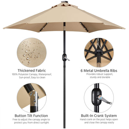 Yaheetech 7.5FT Solar Patio Umbrella-18 LED Lighted Market Table Outdoor Umbrella w/UV Protection Push Button Tilt & Crank Lift System for Garden/Lawn/Deck/Backyard/Pool,Tan - CookCave