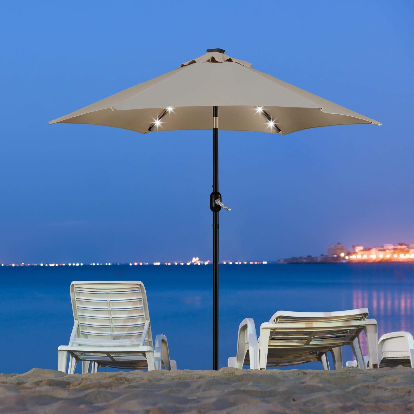 Yaheetech 7.5FT Solar Patio Umbrella-18 LED Lighted Market Table Outdoor Umbrella w/UV Protection Push Button Tilt & Crank Lift System for Garden/Lawn/Deck/Backyard/Pool,Tan - CookCave