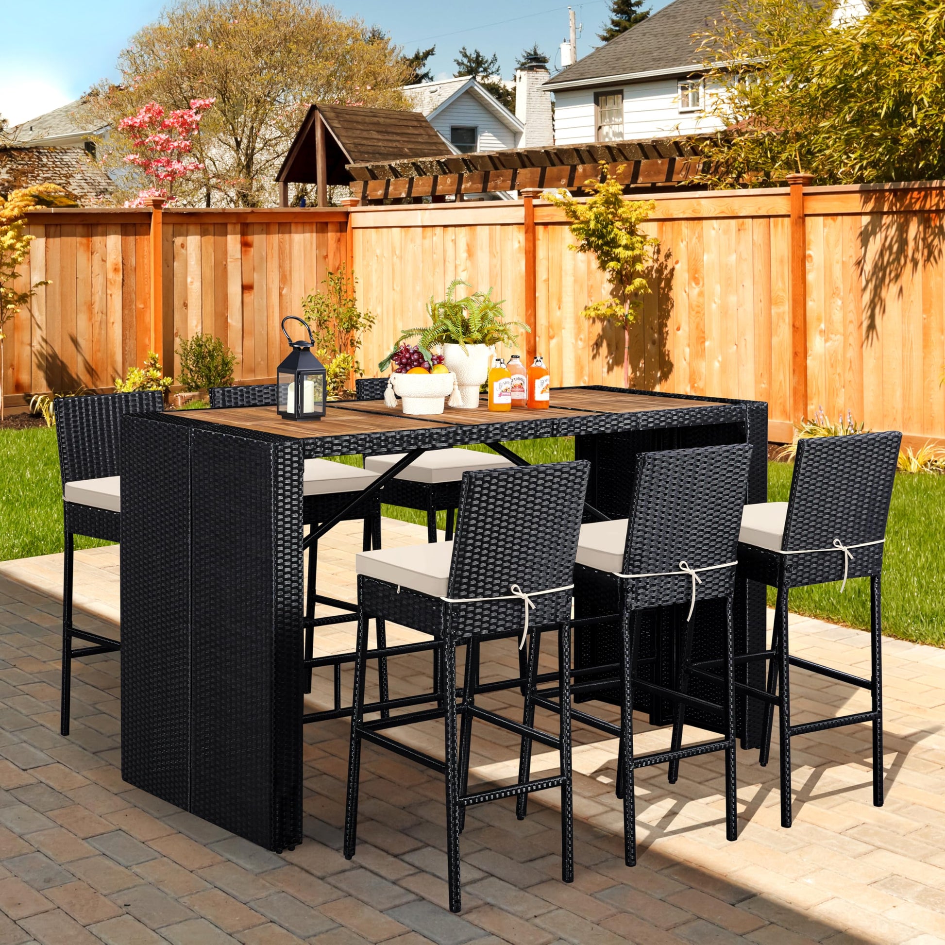 Yaheetech 7 Piece Patio Dining Set Outdoor Acacia Wood Bar Table and Chairs with Removable Cushions, Wicker Furniture Set for Deck, Backyard, Garden, Black/Beige - CookCave