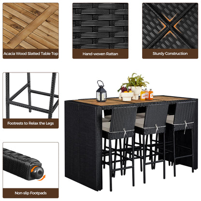 Yaheetech 7 Piece Patio Dining Set Outdoor Acacia Wood Bar Table and Chairs with Removable Cushions, Wicker Furniture Set for Deck, Backyard, Garden, Black/Beige - CookCave