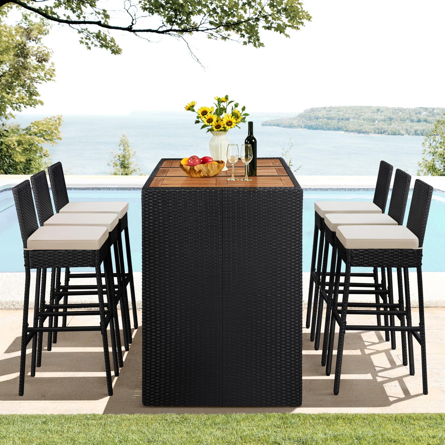 Yaheetech 7 Piece Patio Dining Set Outdoor Acacia Wood Bar Table and Chairs with Removable Cushions, Wicker Furniture Set for Deck, Backyard, Garden, Black/Beige - CookCave