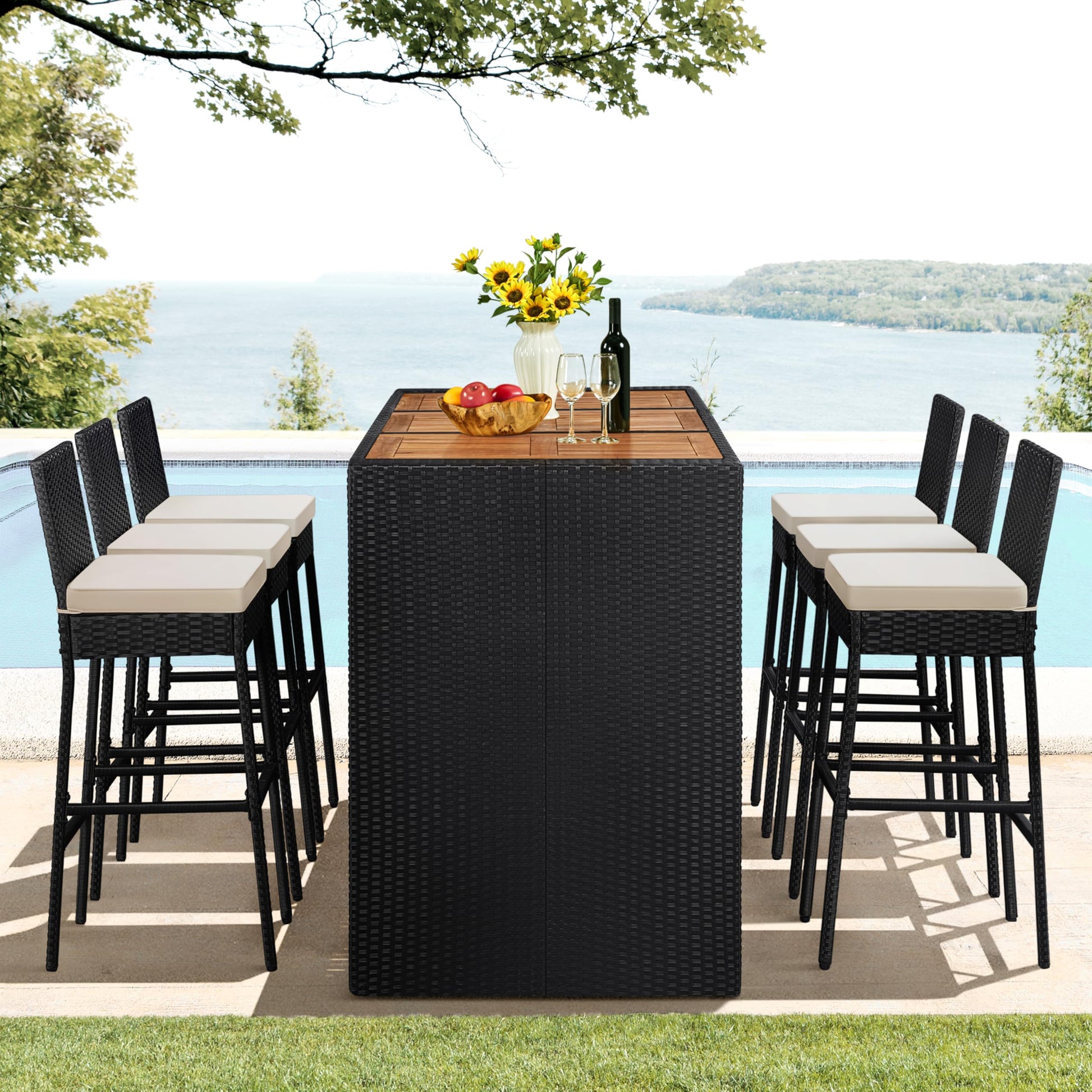 Yaheetech 7 Piece Patio Dining Set Outdoor Acacia Wood Bar Table and Chairs with Removable Cushions, Wicker Furniture Set for Deck, Backyard, Garden, Black/Beige - CookCave