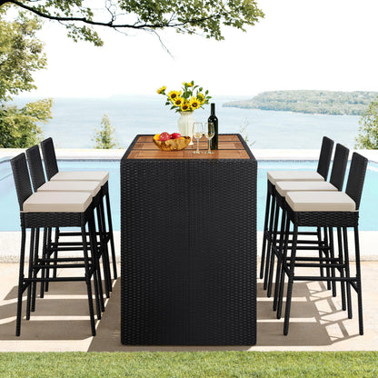 Yaheetech 7 Piece Patio Dining Set Outdoor Acacia Wood Bar Table and Chairs with Removable Cushions, Wicker Furniture Set for Deck, Backyard, Garden, Black/Beige - CookCave