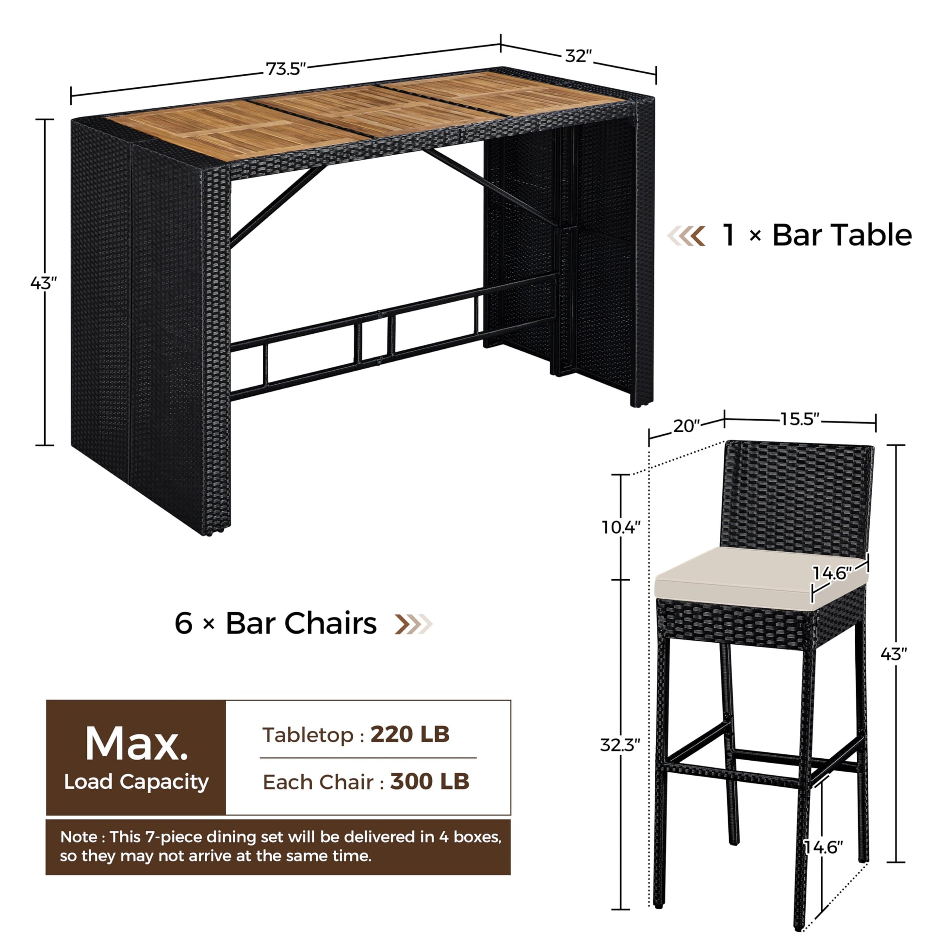 Yaheetech 7 Piece Patio Dining Set Outdoor Acacia Wood Bar Table and Chairs with Removable Cushions, Wicker Furniture Set for Deck, Backyard, Garden, Black/Beige - CookCave