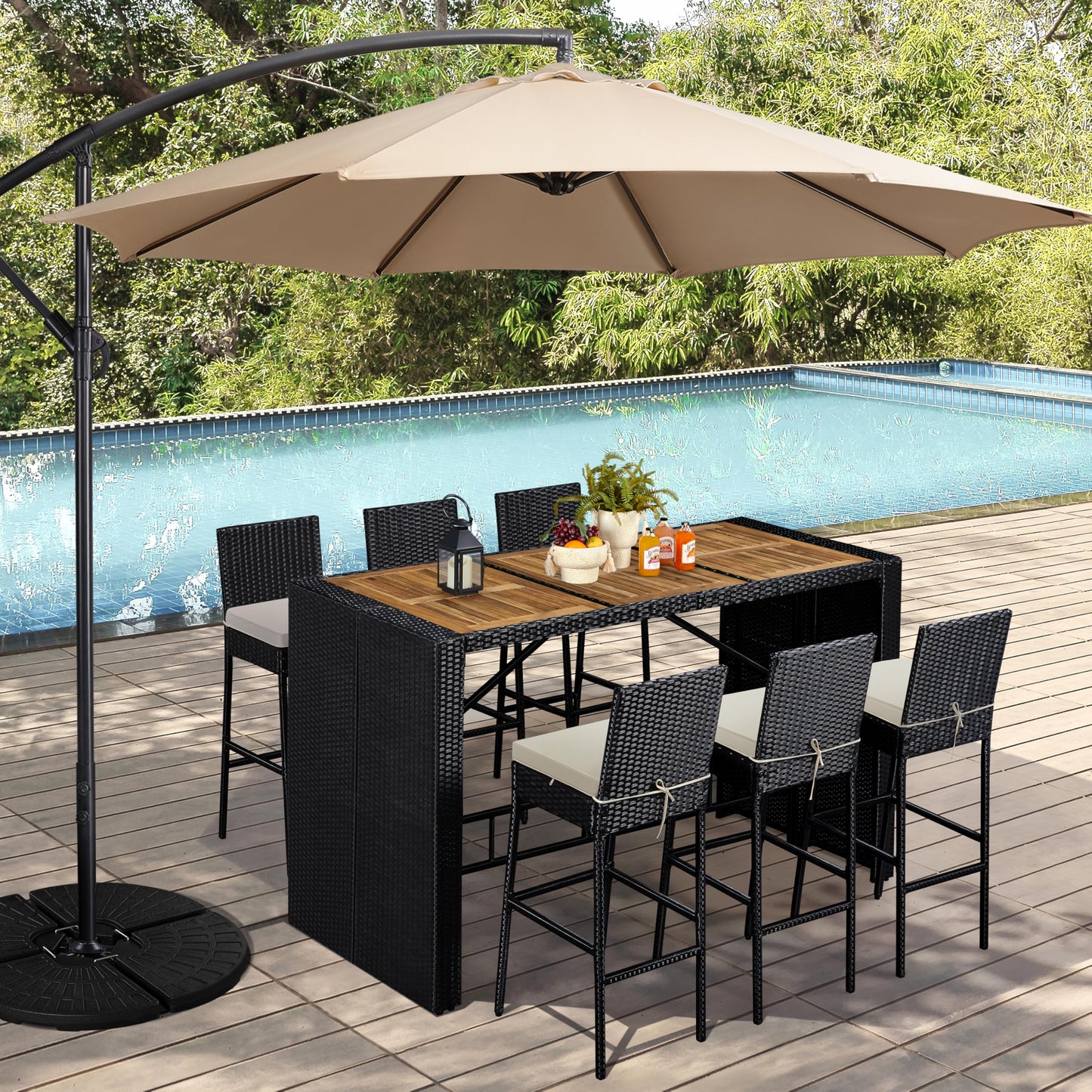 Yaheetech 7 Piece Patio Dining Set Outdoor Acacia Wood Bar Table and Chairs with Removable Cushions, Wicker Furniture Set for Deck, Backyard, Garden, Black/Beige - CookCave