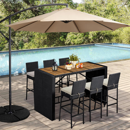 Yaheetech 7 Piece Patio Dining Set Outdoor Acacia Wood Bar Table and Chairs with Removable Cushions, Wicker Furniture Set for Deck, Backyard, Garden, Black/Beige - CookCave
