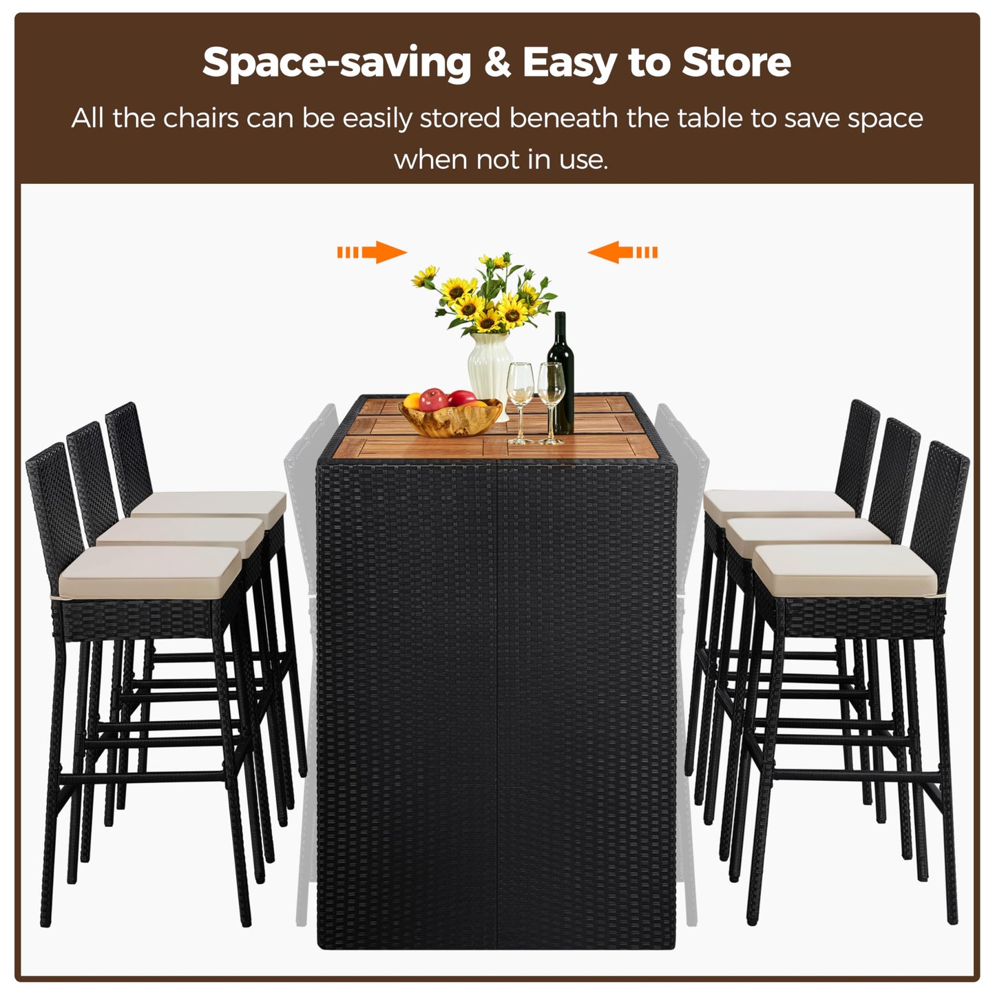 Yaheetech 7 Piece Patio Dining Set Outdoor Acacia Wood Bar Table and Chairs with Removable Cushions, Wicker Furniture Set for Deck, Backyard, Garden, Black/Beige - CookCave