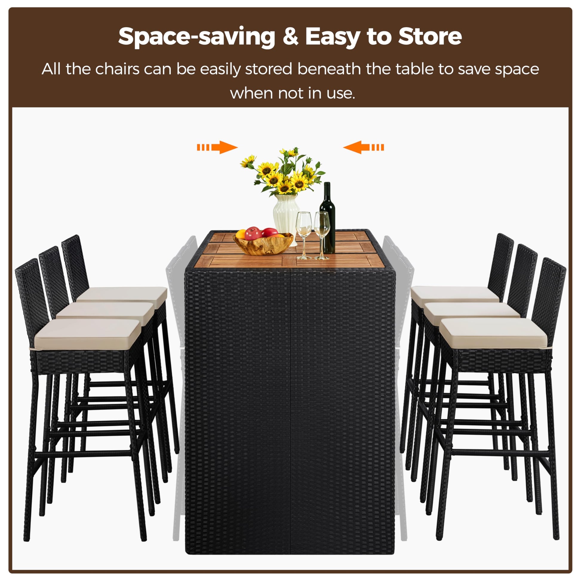 Yaheetech 7 Piece Patio Dining Set Outdoor Acacia Wood Bar Table and Chairs with Removable Cushions, Wicker Furniture Set for Deck, Backyard, Garden, Black/Beige - CookCave