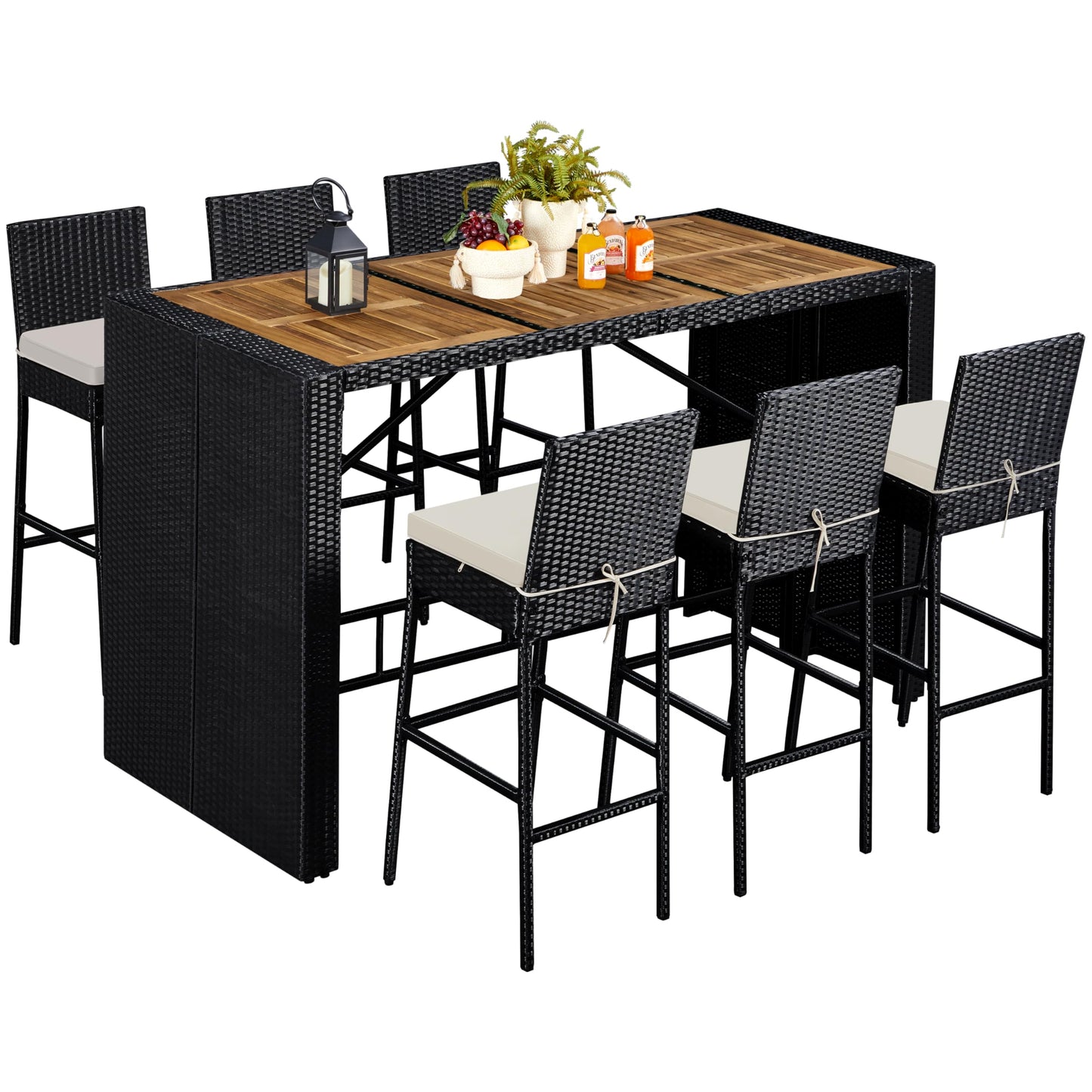 Yaheetech 7 Piece Patio Dining Set Outdoor Acacia Wood Bar Table and Chairs with Removable Cushions, Wicker Furniture Set for Deck, Backyard, Garden, Black/Beige - CookCave