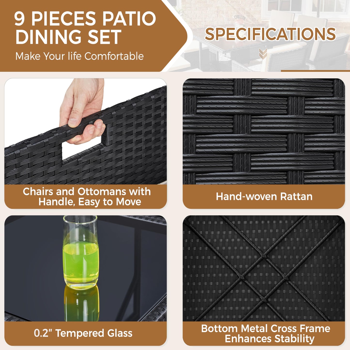 Yaheetech 9-Piece Patio Dining Sets, Outdoor Space Saving Rattan Chairs with Glass Table, Wicker Sectional Conversation Furniture Set with Removeable Cushions, Black/Beige - CookCave