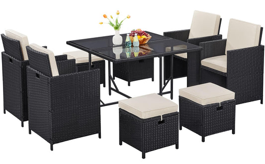 Yaheetech 9-Piece Patio Dining Sets, Outdoor Space Saving Rattan Chairs with Glass Table, Wicker Sectional Conversation Furniture Set with Removeable Cushions, Black/Beige - CookCave
