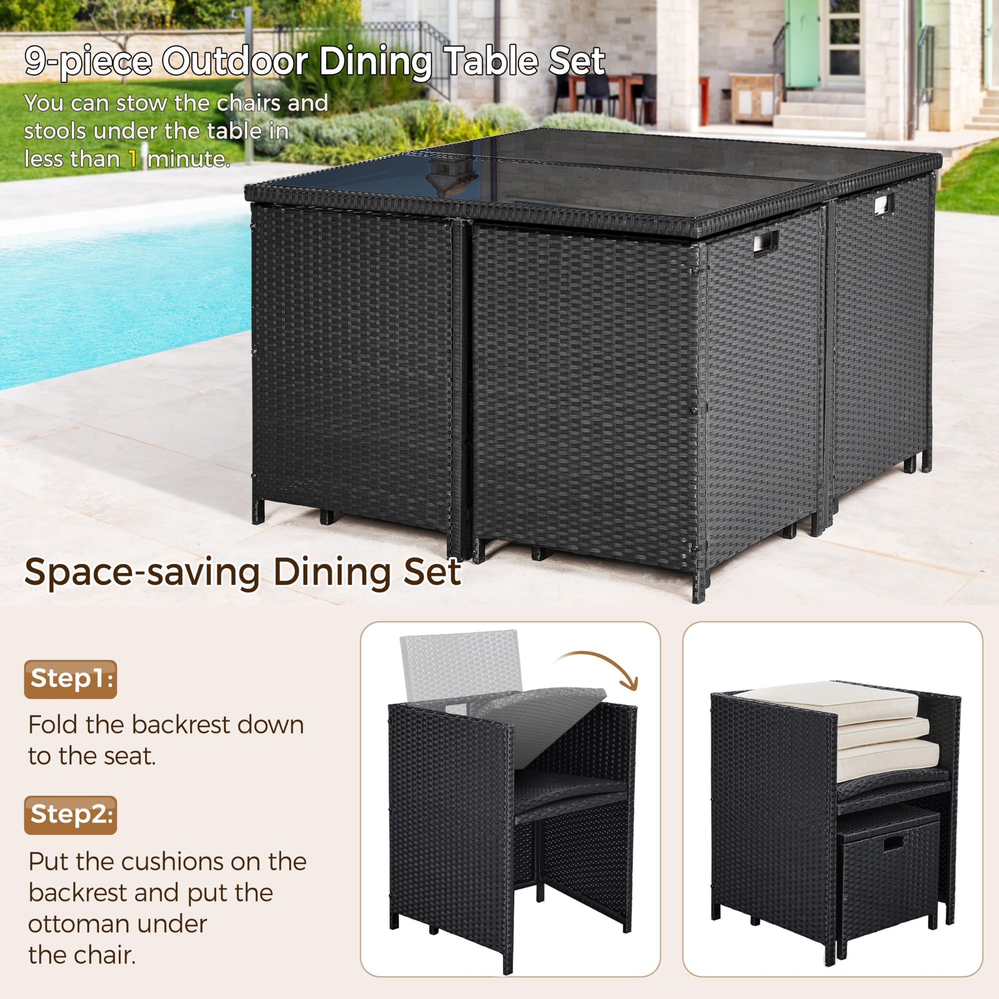 Yaheetech 9-Piece Patio Dining Sets, Outdoor Space Saving Rattan Chairs with Glass Table, Wicker Sectional Conversation Furniture Set with Removeable Cushions, Black/Beige - CookCave