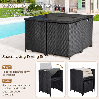 Yaheetech 9-Piece Patio Dining Sets, Outdoor Space Saving Rattan Chairs with Glass Table, Wicker Sectional Conversation Furniture Set with Removeable Cushions, Black/Beige - CookCave