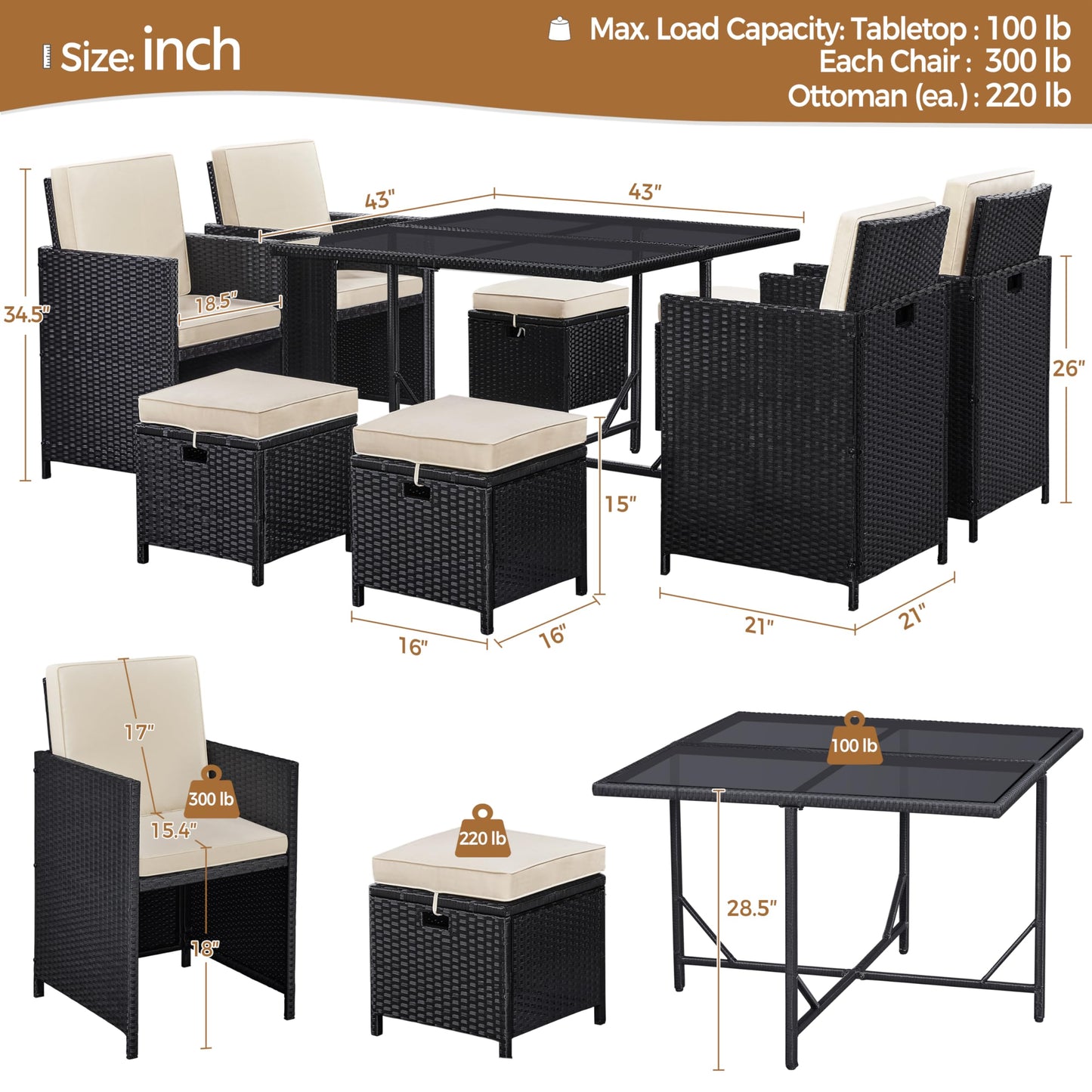 Yaheetech 9-Piece Patio Dining Sets, Outdoor Space Saving Rattan Chairs with Glass Table, Wicker Sectional Conversation Furniture Set with Removeable Cushions, Black/Beige - CookCave