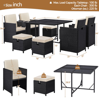 Yaheetech 9-Piece Patio Dining Sets, Outdoor Space Saving Rattan Chairs with Glass Table, Wicker Sectional Conversation Furniture Set with Removeable Cushions, Black/Beige - CookCave