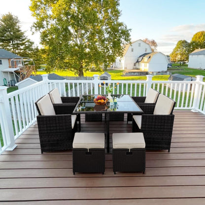 Yaheetech 9-Piece Patio Dining Sets, Outdoor Space Saving Rattan Chairs with Glass Table, Wicker Sectional Conversation Furniture Set with Removeable Cushions, Black/Beige - CookCave