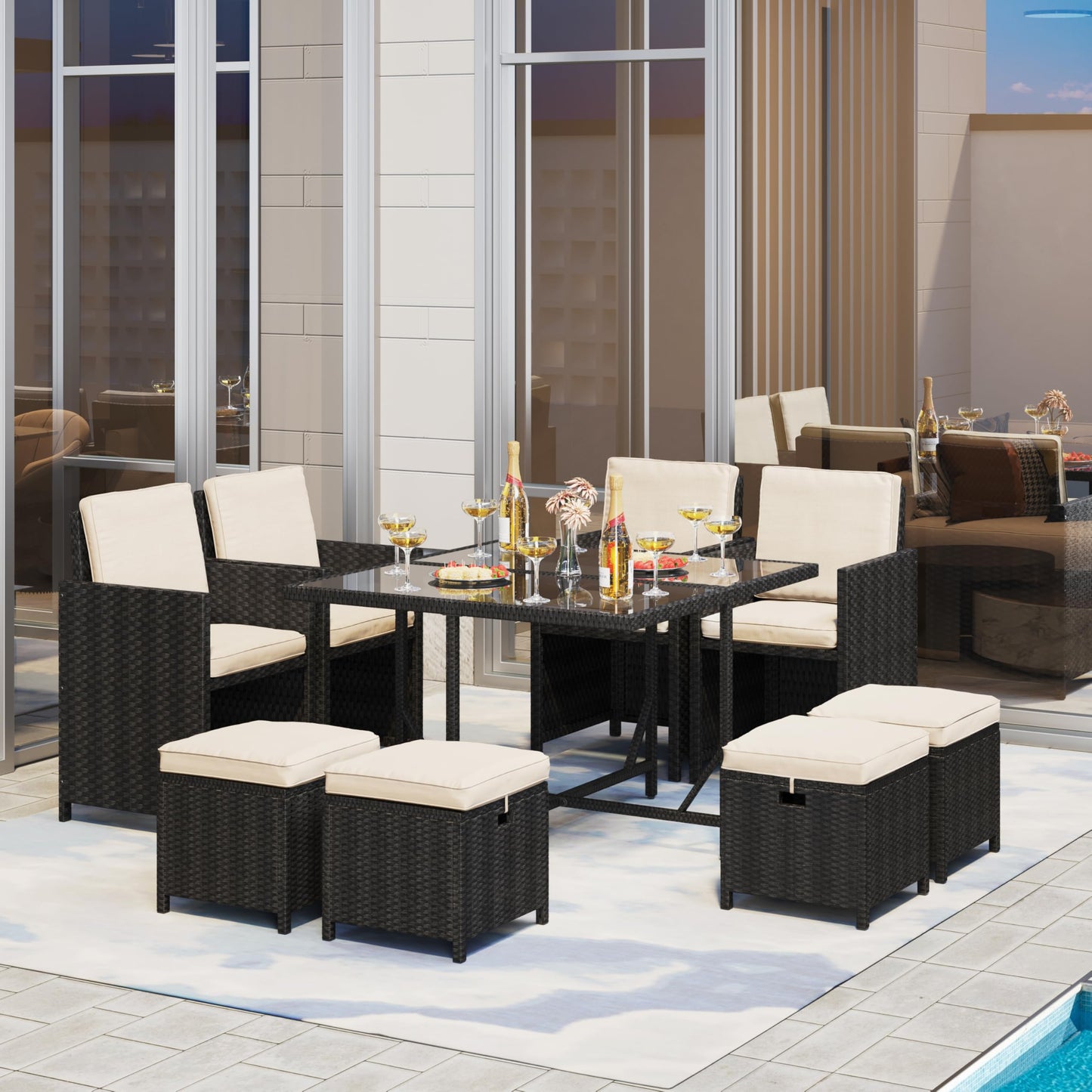 Yaheetech 9-Piece Patio Dining Sets, Outdoor Space Saving Rattan Chairs with Glass Table, Wicker Sectional Conversation Furniture Set with Removeable Cushions, Black/Beige - CookCave