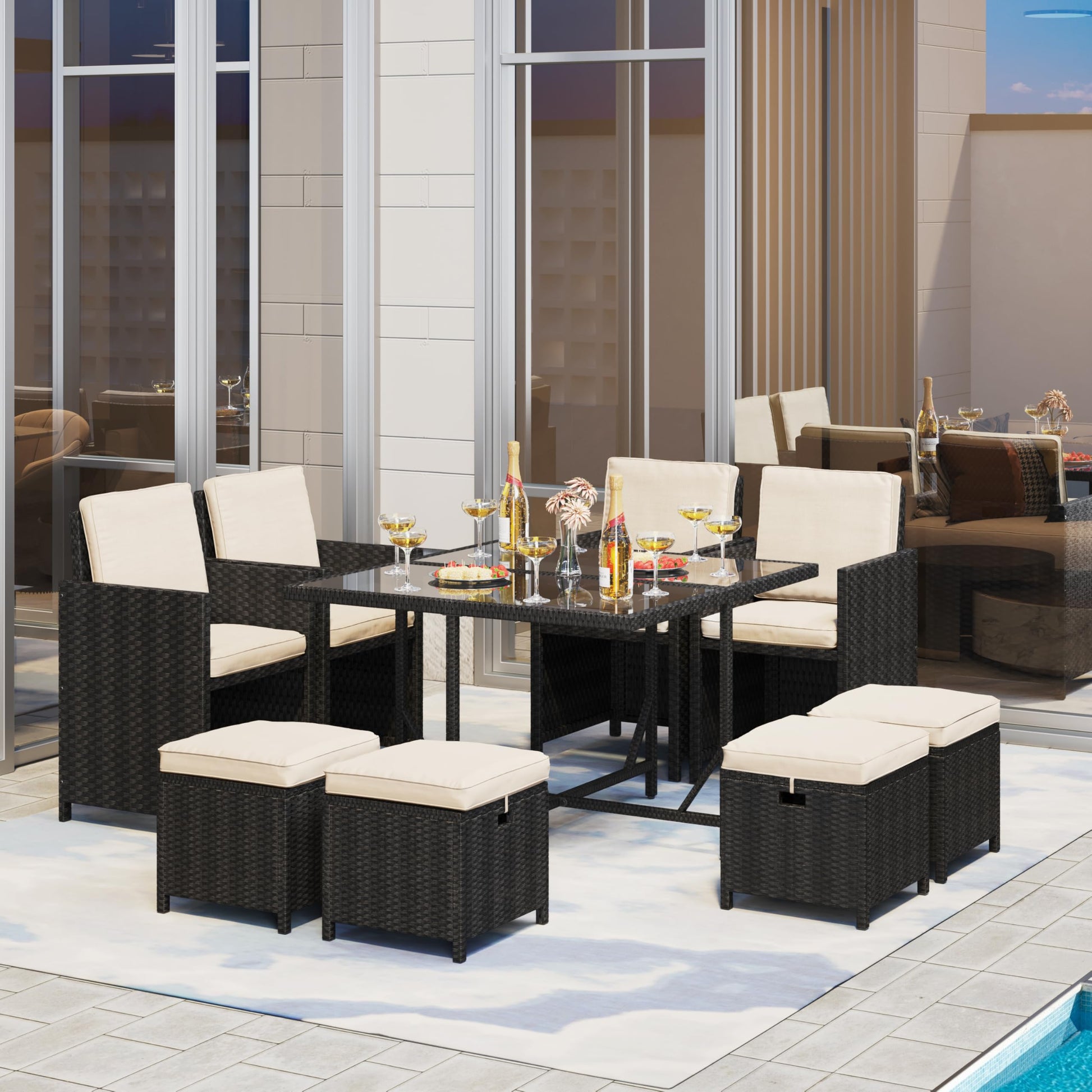 Yaheetech 9-Piece Patio Dining Sets, Outdoor Space Saving Rattan Chairs with Glass Table, Wicker Sectional Conversation Furniture Set with Removeable Cushions, Black/Beige - CookCave