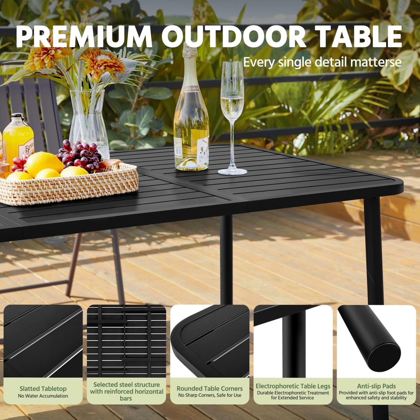 Yaheetech Outdoor Dining Table for 6 Person, Rectangular Slatted Metal Patio Table for Deck Garden Lawn Backyard Use, Black - CookCave