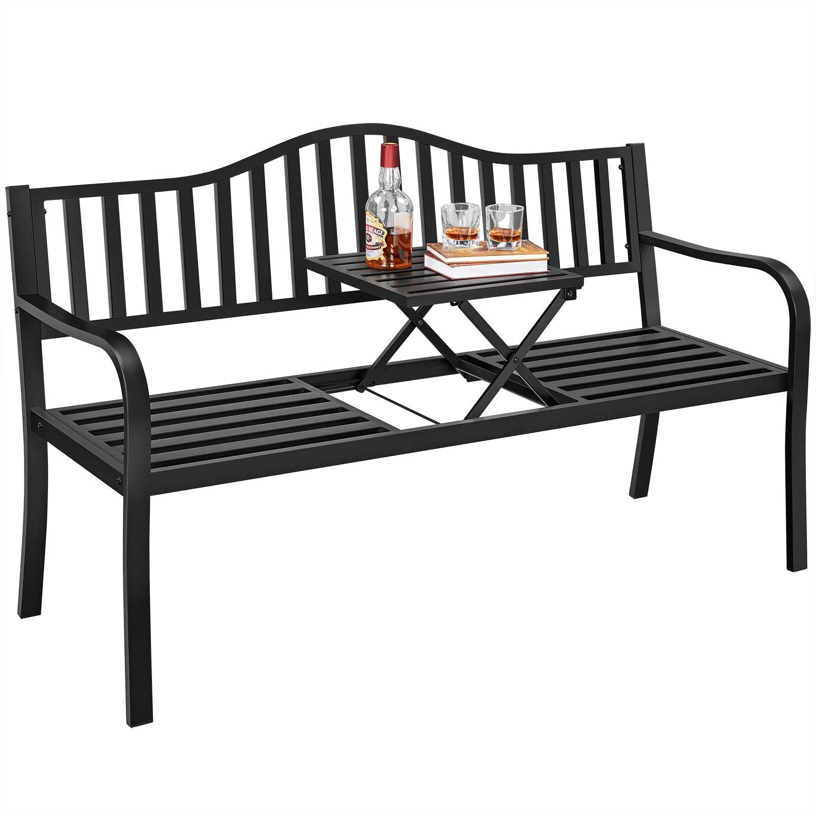 Yaheetech Outdoor Garden Bench w/Pullout Middle Table, Metal Patio Bench, Front Porch for Backyard, Weather-Resistant Frame, Patio Seating for 2-3 Person, Black - CookCave