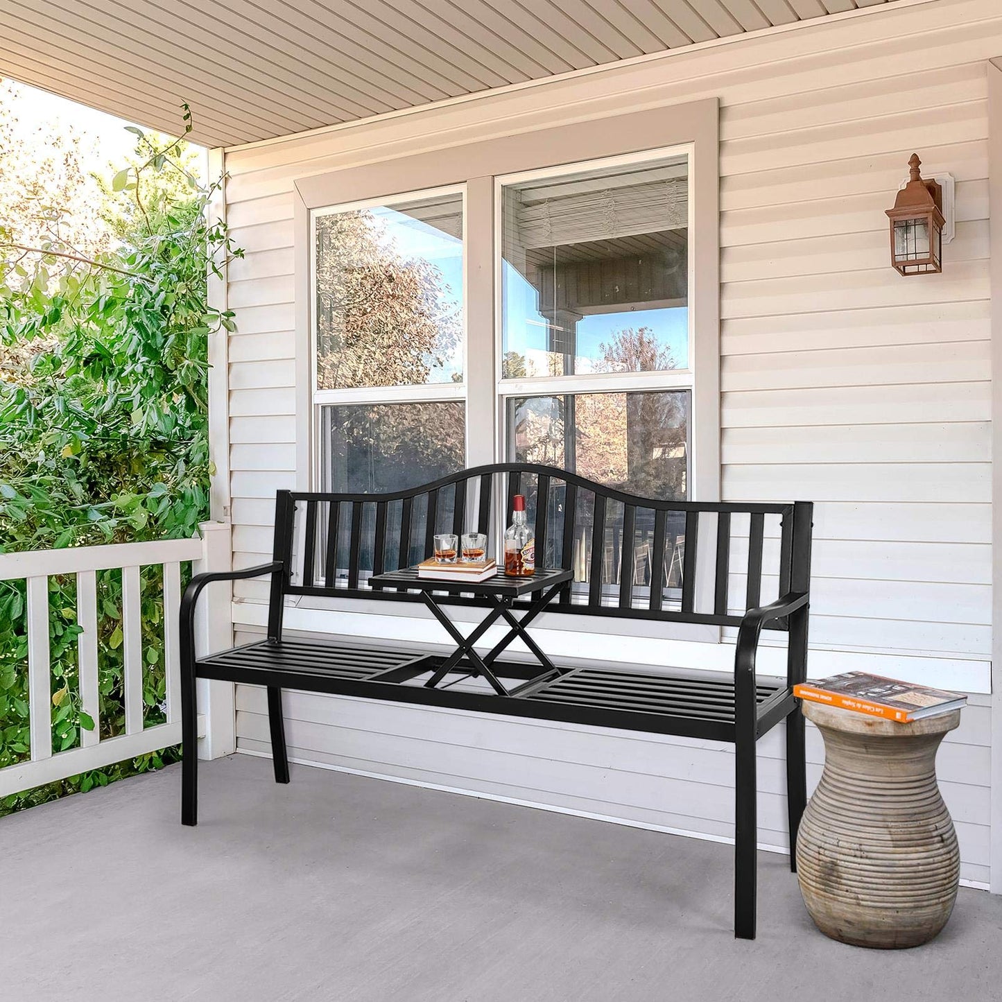 Yaheetech Outdoor Garden Bench w/Pullout Middle Table, Metal Patio Bench, Front Porch for Backyard, Weather-Resistant Frame, Patio Seating for 2-3 Person, Black - CookCave