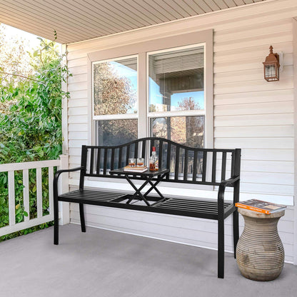 Yaheetech Outdoor Garden Bench w/Pullout Middle Table, Metal Patio Bench, Front Porch for Backyard, Weather-Resistant Frame, Patio Seating for 2-3 Person, Black - CookCave