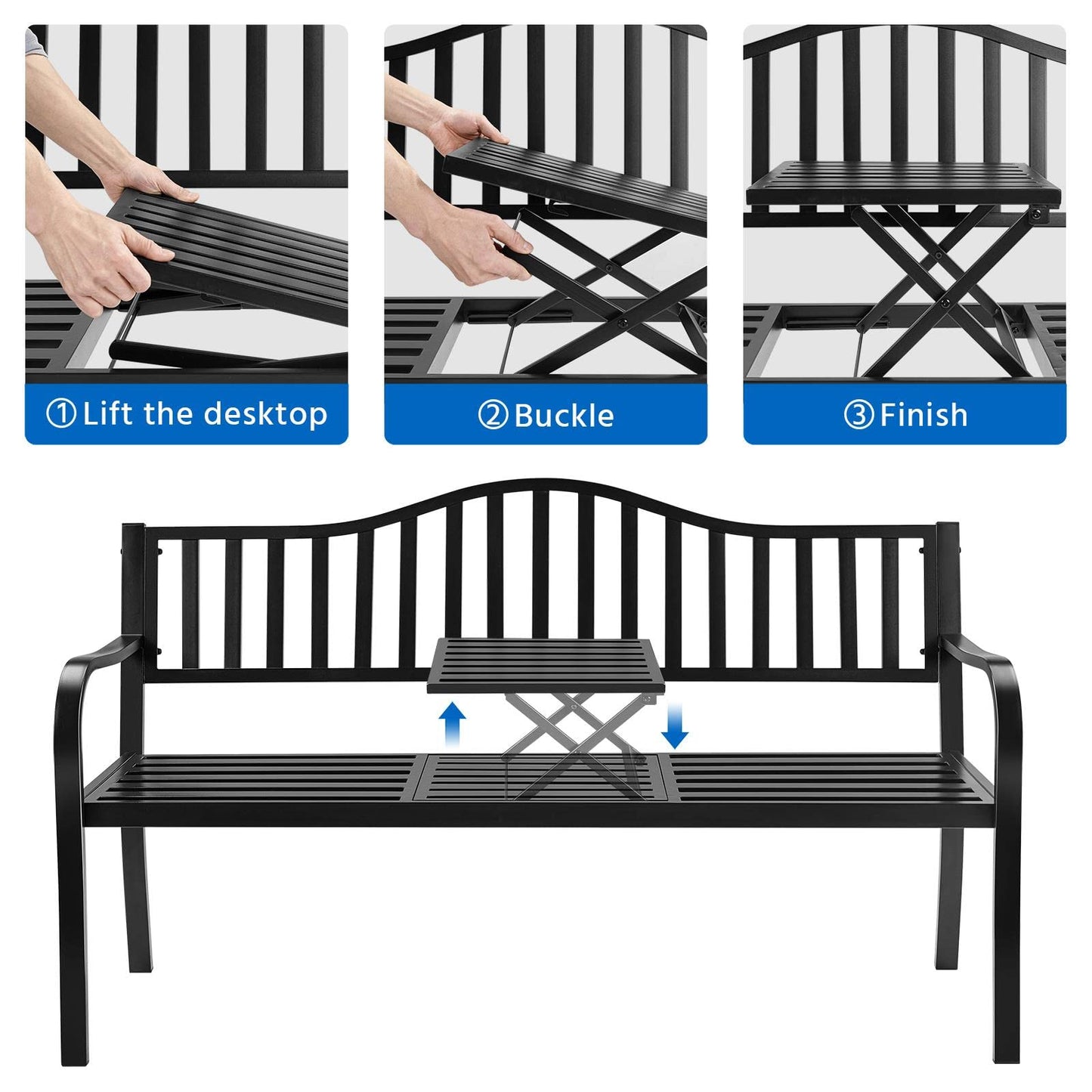 Yaheetech Outdoor Garden Bench w/Pullout Middle Table, Metal Patio Bench, Front Porch for Backyard, Weather-Resistant Frame, Patio Seating for 2-3 Person, Black - CookCave