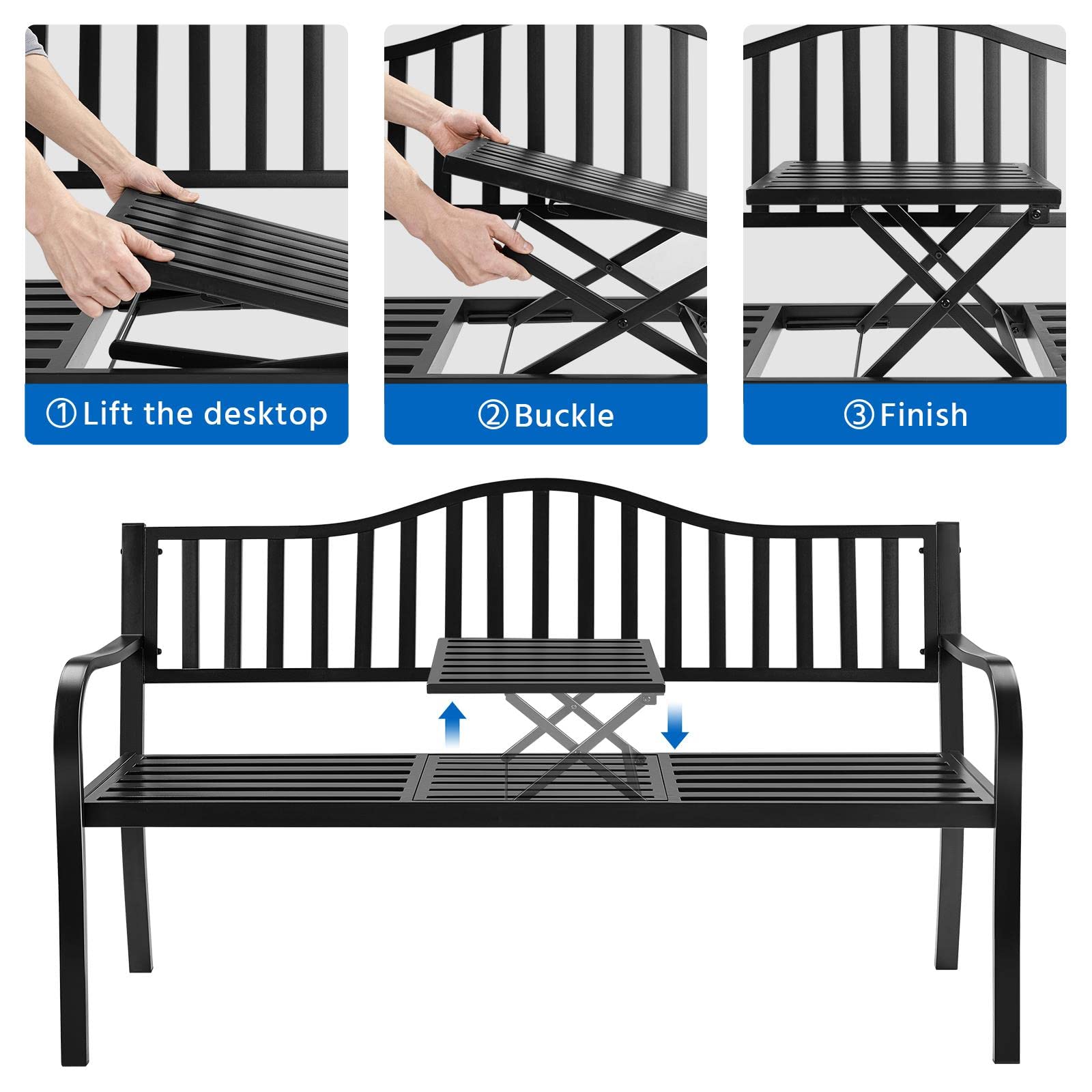 Yaheetech Outdoor Garden Bench w/Pullout Middle Table, Metal Patio Bench, Front Porch for Backyard, Weather-Resistant Frame, Patio Seating for 2-3 Person, Black - CookCave