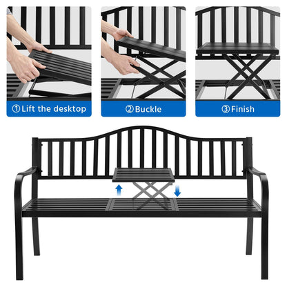 Yaheetech Outdoor Garden Bench w/Pullout Middle Table, Metal Patio Bench, Front Porch for Backyard, Weather-Resistant Frame, Patio Seating for 2-3 Person, Black - CookCave