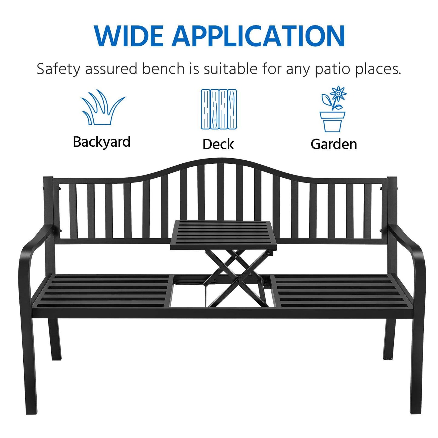 Yaheetech Outdoor Garden Bench w/Pullout Middle Table, Metal Patio Bench, Front Porch for Backyard, Weather-Resistant Frame, Patio Seating for 2-3 Person, Black - CookCave