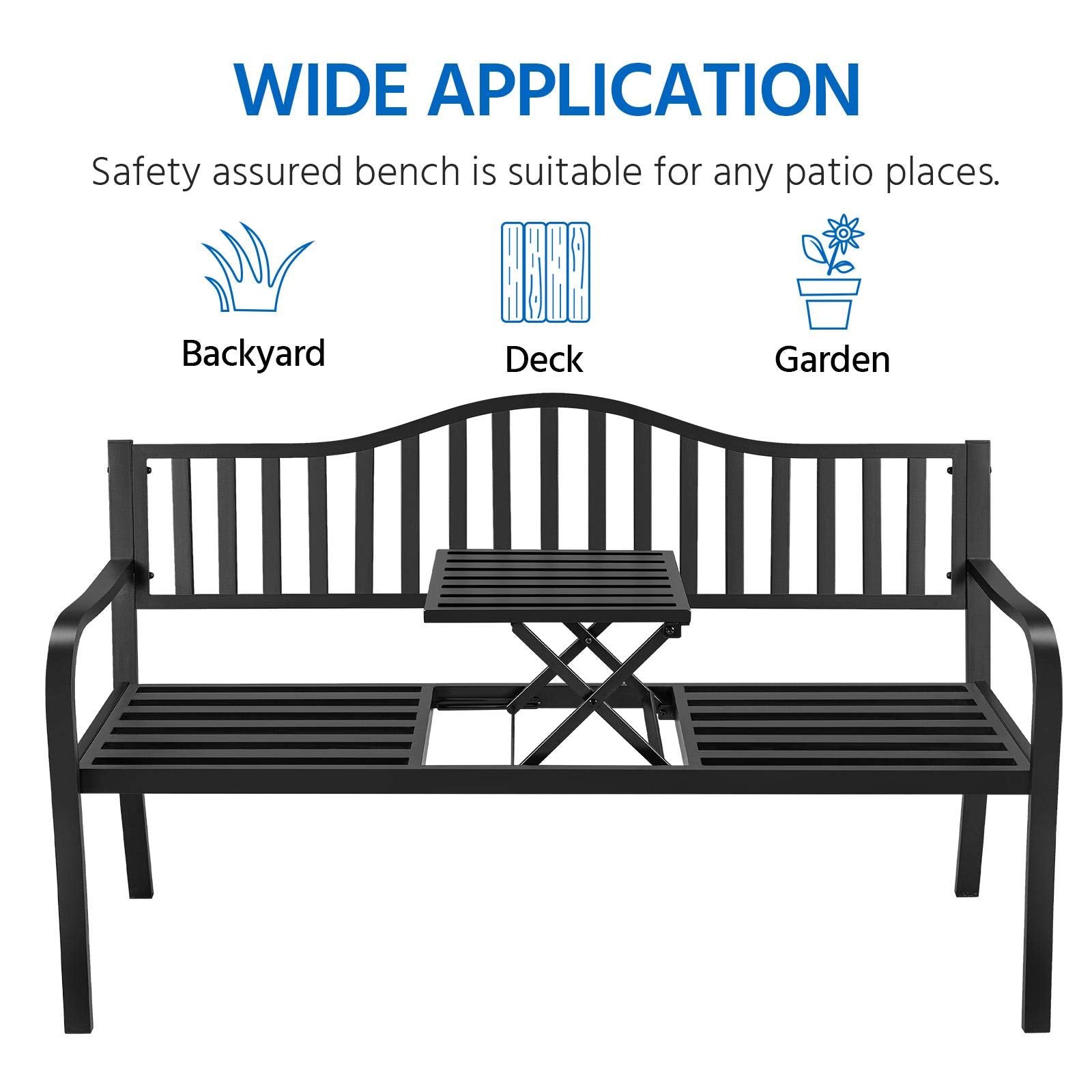 Yaheetech Outdoor Garden Bench w/Pullout Middle Table, Metal Patio Bench, Front Porch for Backyard, Weather-Resistant Frame, Patio Seating for 2-3 Person, Black - CookCave
