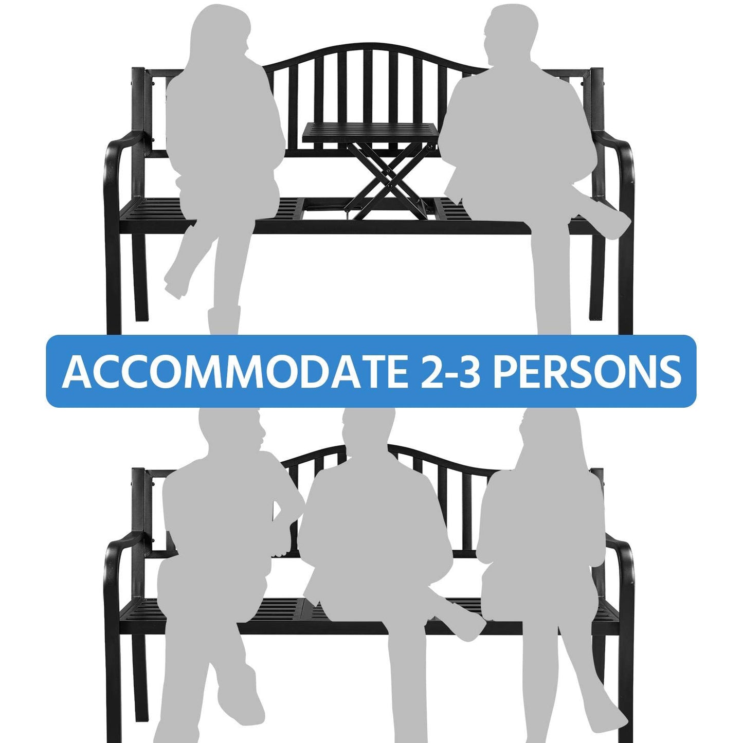 Yaheetech Outdoor Garden Bench w/Pullout Middle Table, Metal Patio Bench, Front Porch for Backyard, Weather-Resistant Frame, Patio Seating for 2-3 Person, Black - CookCave