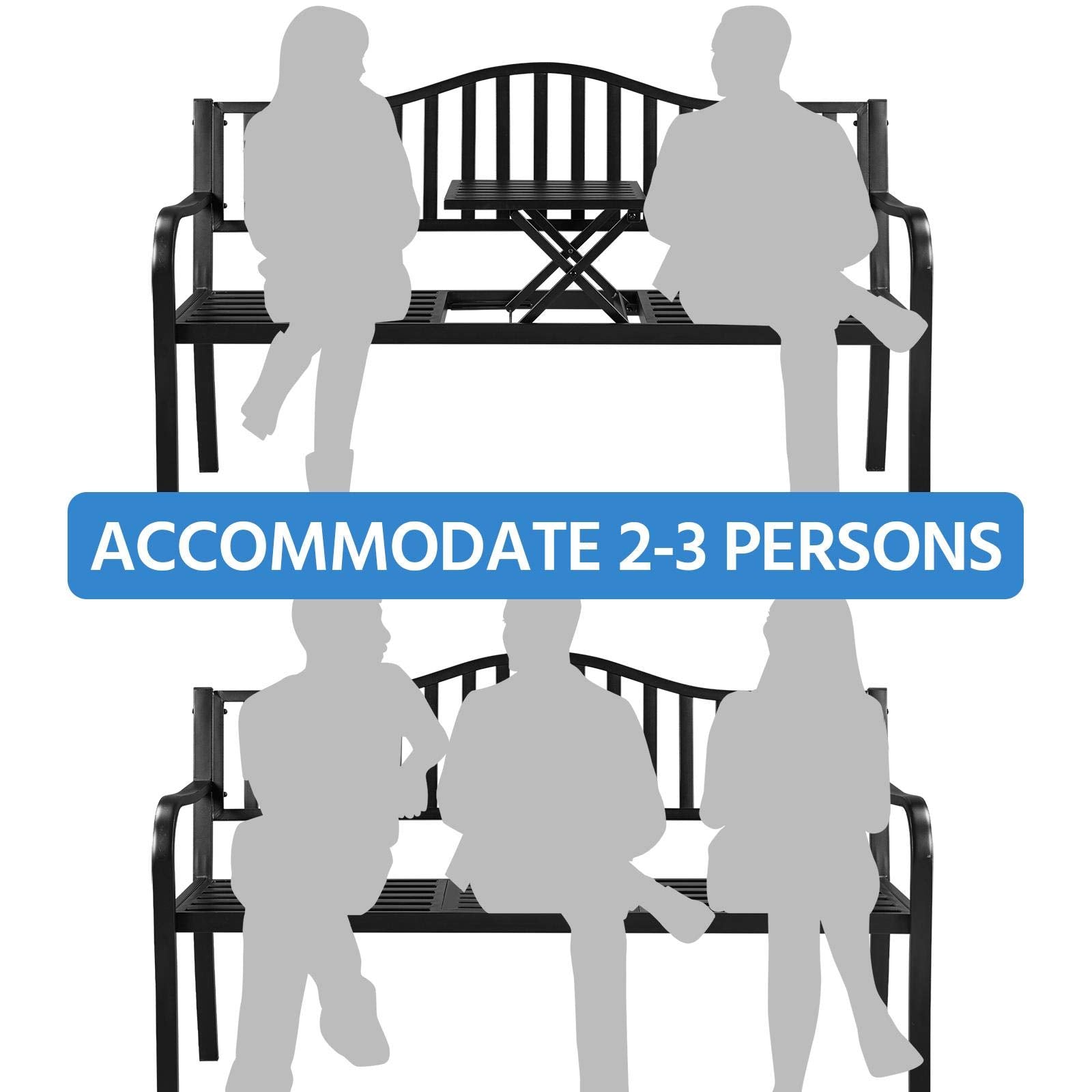 Yaheetech Outdoor Garden Bench w/Pullout Middle Table, Metal Patio Bench, Front Porch for Backyard, Weather-Resistant Frame, Patio Seating for 2-3 Person, Black - CookCave