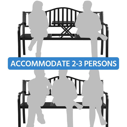 Yaheetech Outdoor Garden Bench w/Pullout Middle Table, Metal Patio Bench, Front Porch for Backyard, Weather-Resistant Frame, Patio Seating for 2-3 Person, Black - CookCave