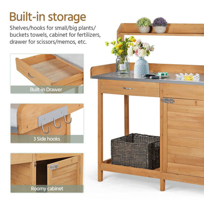Yaheetech Outdoor Garden Potting Bench Table Work Bench Metal Tabletop W/Cabinet Drawer Open Shelf Natural Wood - CookCave