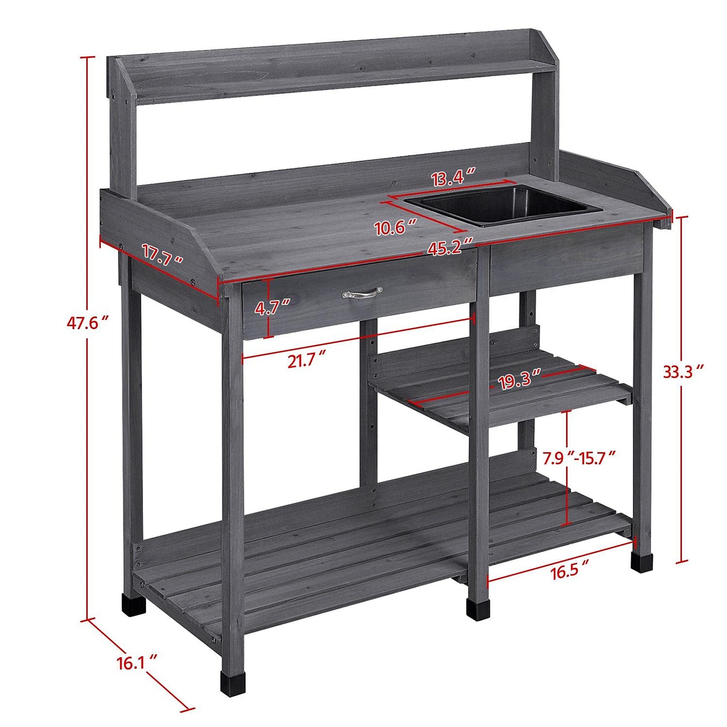 Yaheetech Outdoor Potting Bench Table Potters Benches Garden Workstation for Horticulture with Drawer/Adjustable Shelf Rack/Removable Sink/Hooks/Pads, Gray - CookCave