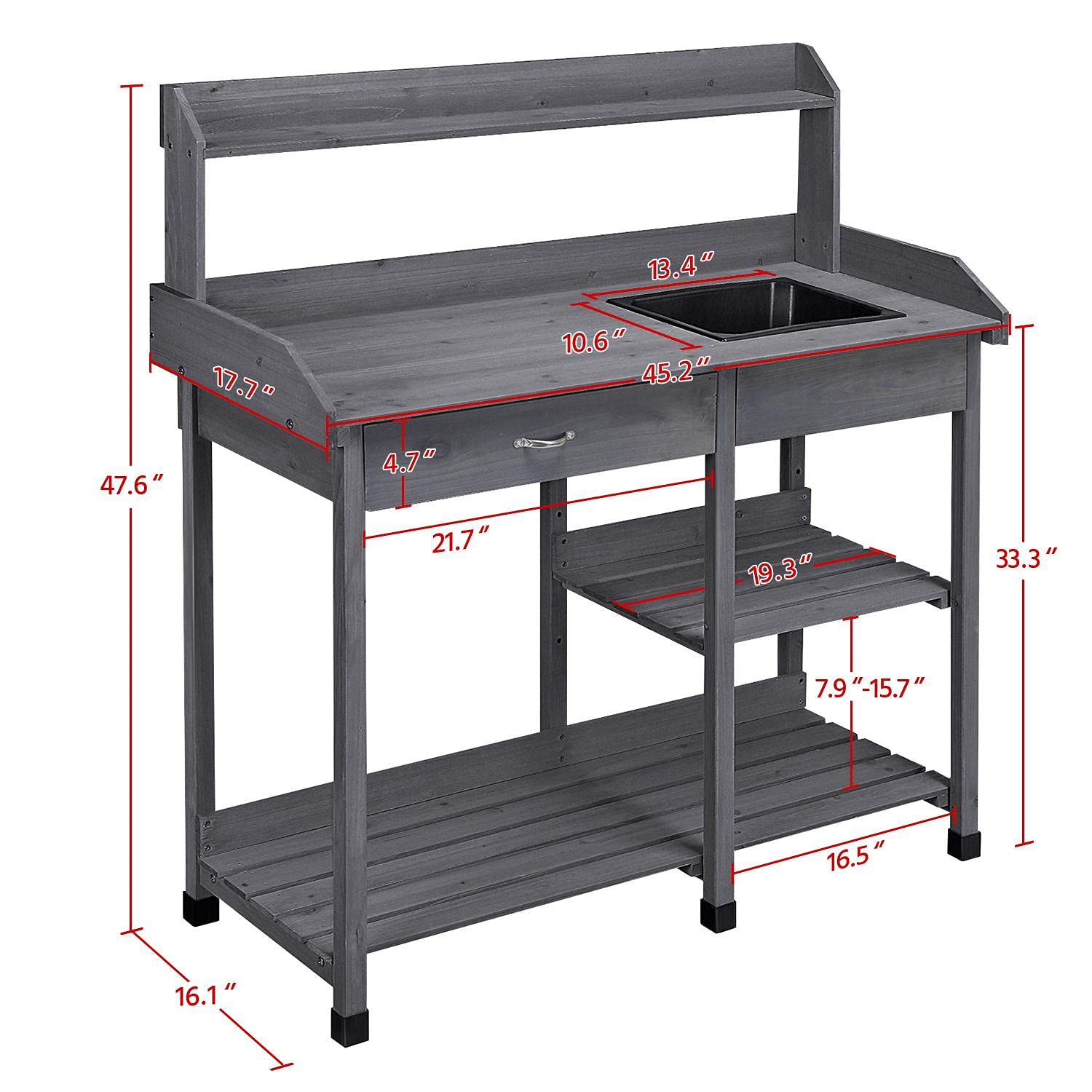 Yaheetech Outdoor Potting Bench Table Potters Benches Garden Workstation for Horticulture with Drawer/Adjustable Shelf Rack/Removable Sink/Hooks/Pads, Gray - CookCave