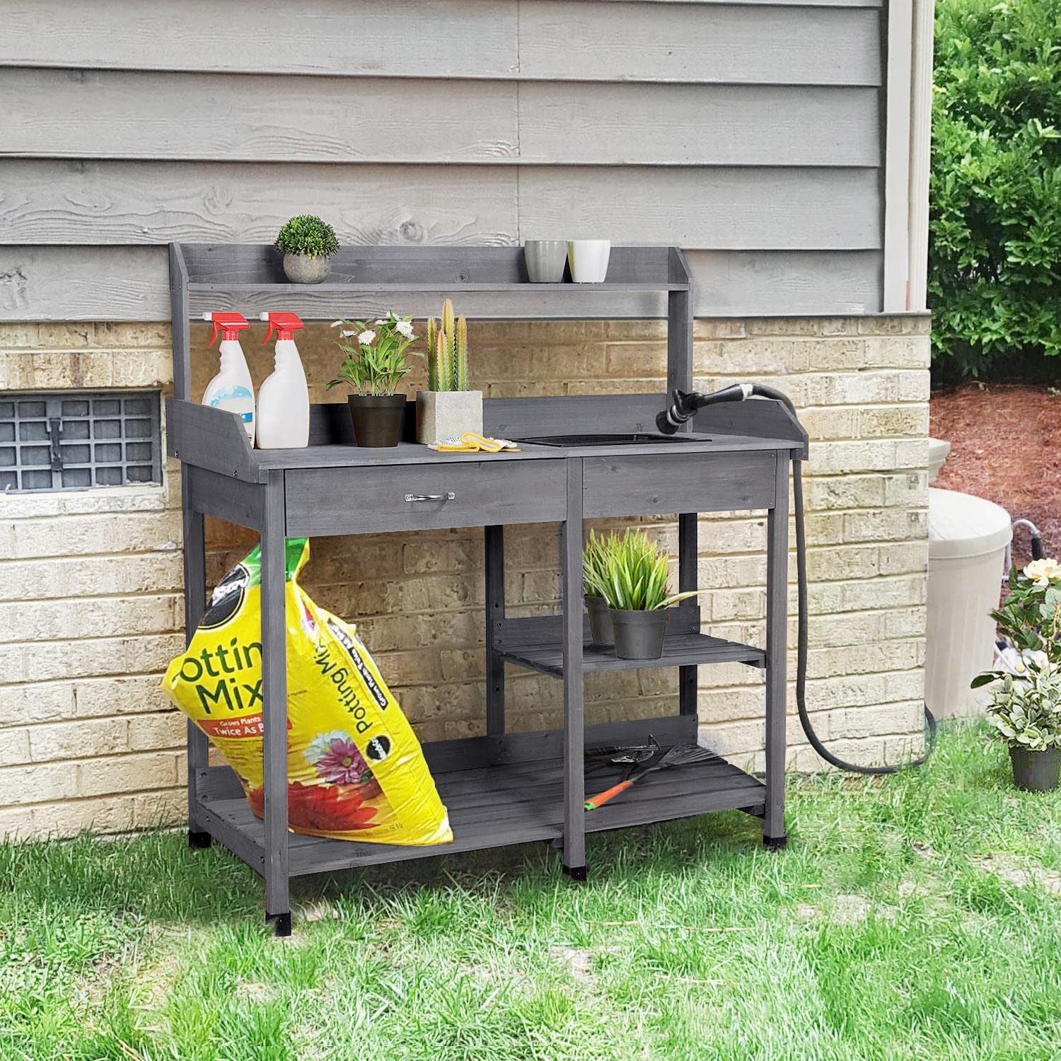Yaheetech Outdoor Potting Bench Table Potters Benches Garden Workstation for Horticulture with Drawer/Adjustable Shelf Rack/Removable Sink/Hooks/Pads, Gray - CookCave