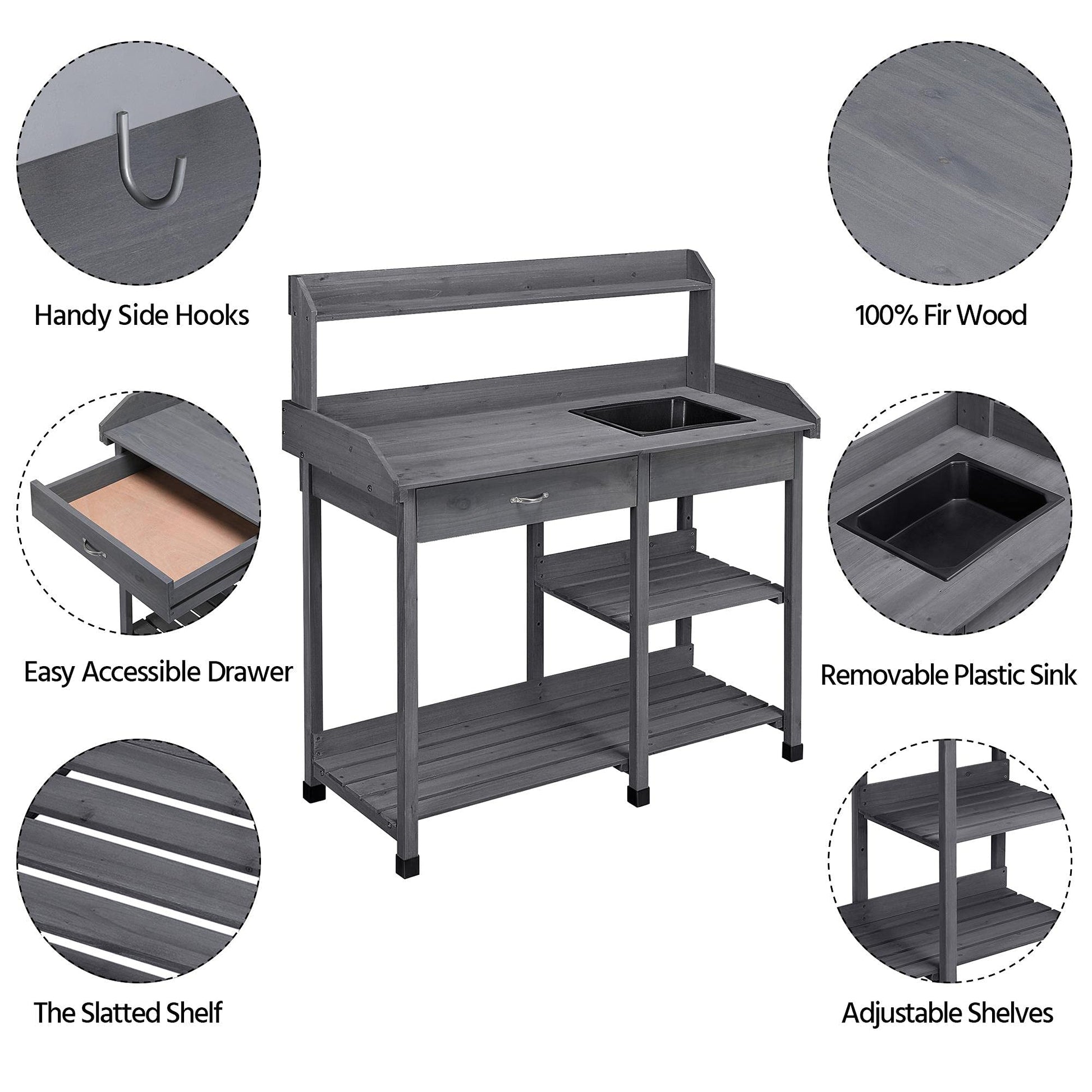 Yaheetech Outdoor Potting Bench Table Potters Benches Garden Workstation for Horticulture with Drawer/Adjustable Shelf Rack/Removable Sink/Hooks/Pads, Gray - CookCave
