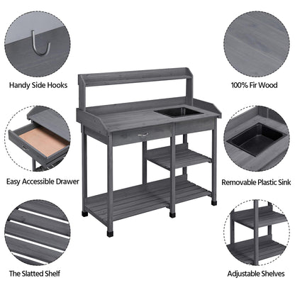 Yaheetech Outdoor Potting Bench Table Potters Benches Garden Workstation for Horticulture with Drawer/Adjustable Shelf Rack/Removable Sink/Hooks/Pads, Gray - CookCave