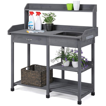 Yaheetech Outdoor Potting Bench Table Potters Benches Garden Workstation for Horticulture with Drawer/Adjustable Shelf Rack/Removable Sink/Hooks/Pads, Gray - CookCave