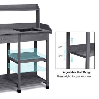 Yaheetech Outdoor Potting Bench Table Potters Benches Garden Workstation for Horticulture with Drawer/Adjustable Shelf Rack/Removable Sink/Hooks/Pads, Gray - CookCave