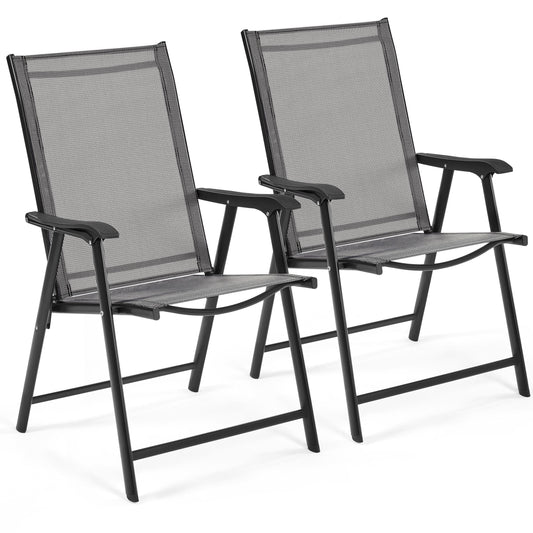 Yaheetech Patio Dining Chairs Set of 2 with Armrests, Outdoor Folding Chairs with Metal Frame and Backrest for Lawn, Garden, Yard and Poolside, Gray - CookCave