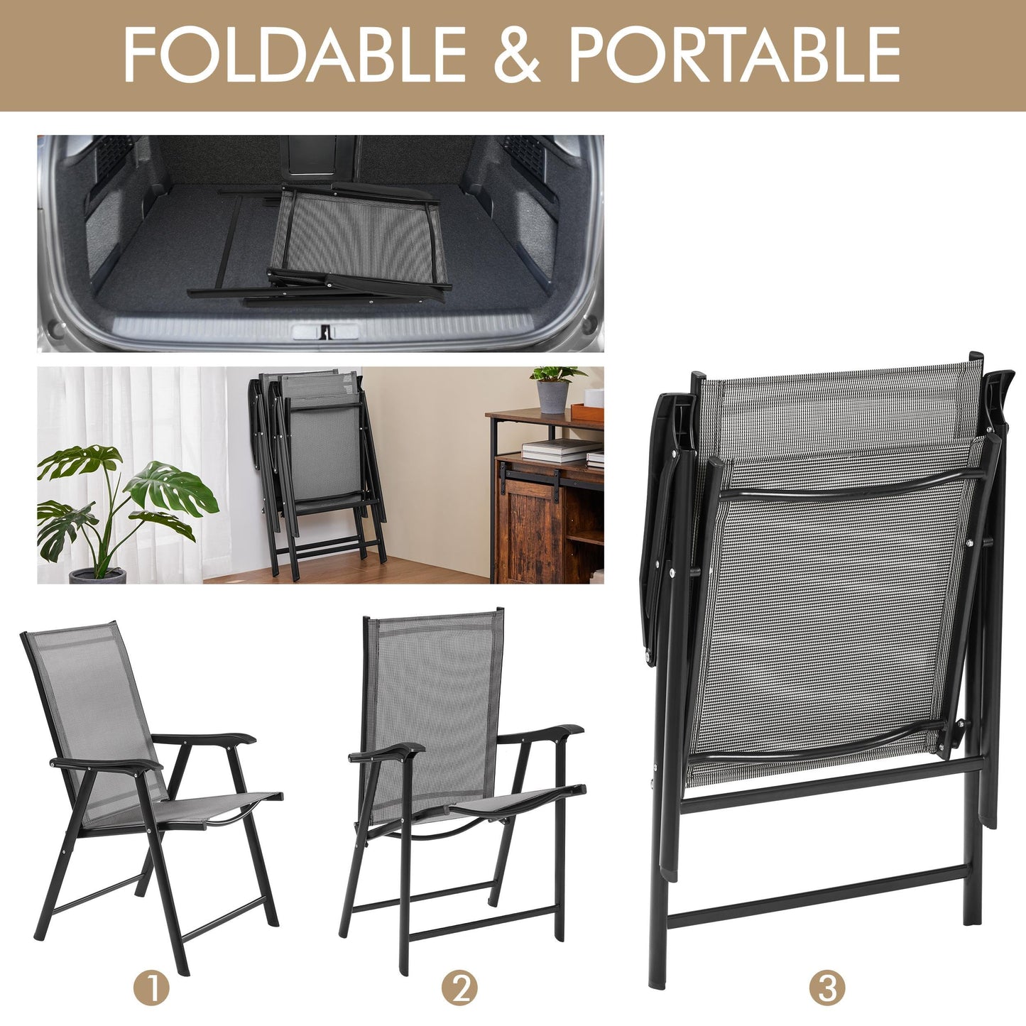 Yaheetech Patio Dining Chairs Set of 2 with Armrests, Outdoor Folding Chairs with Metal Frame and Backrest for Lawn, Garden, Yard and Poolside, Gray - CookCave