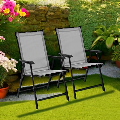 Yaheetech Patio Dining Chairs Set of 2 with Armrests, Outdoor Folding Chairs with Metal Frame and Backrest for Lawn, Garden, Yard and Poolside, Gray - CookCave