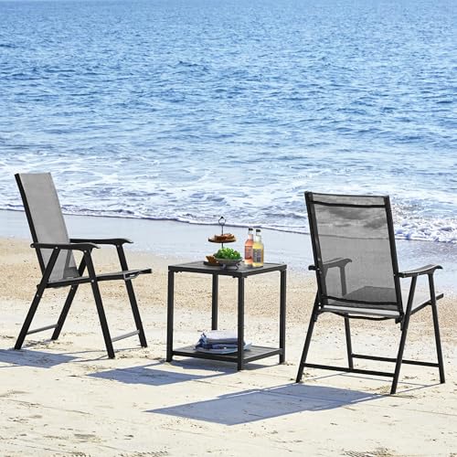 Yaheetech Patio Dining Chairs Set of 2 with Armrests, Outdoor Folding Chairs with Metal Frame and Backrest for Lawn, Garden, Yard and Poolside, Gray - CookCave
